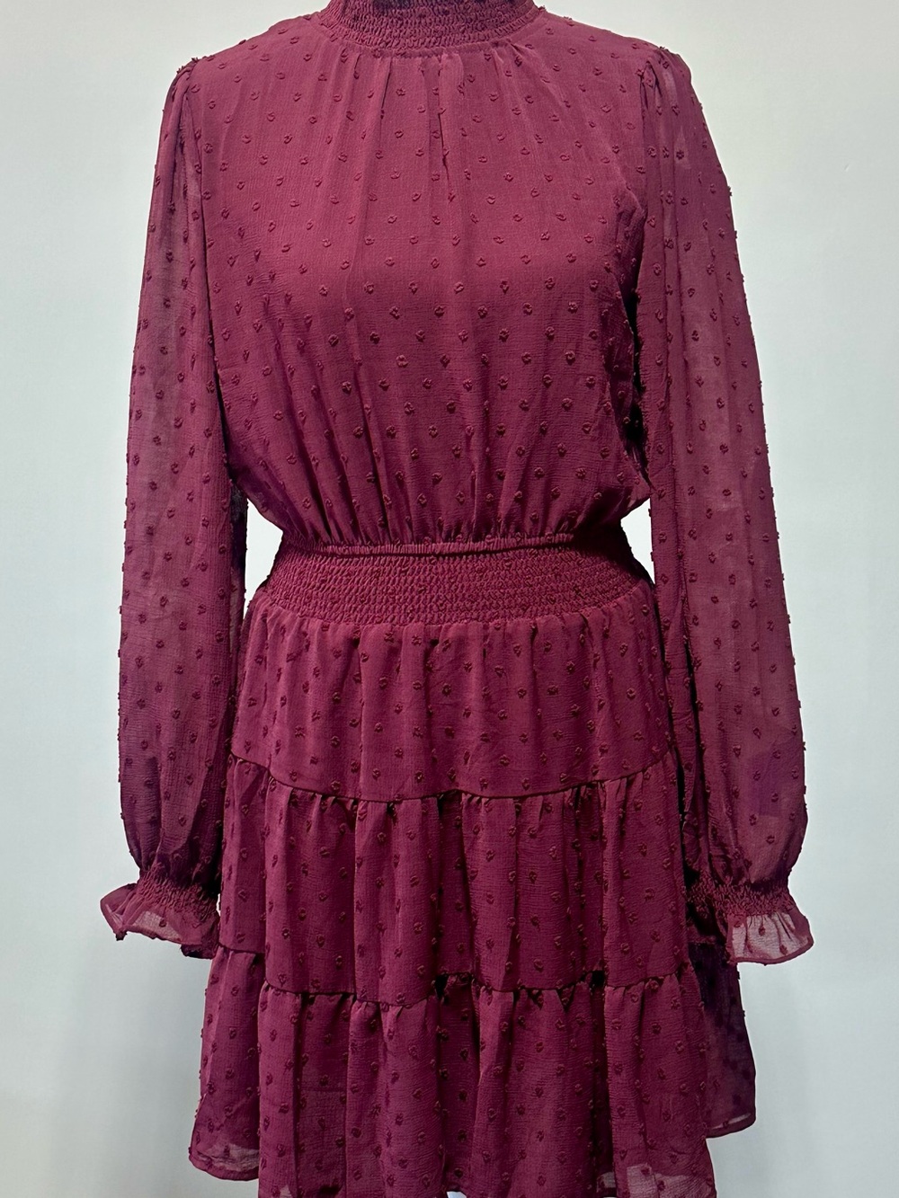 Sweet Wanderer Burgundy Swiss Dot Smocked Tiered Mini Dress Medium